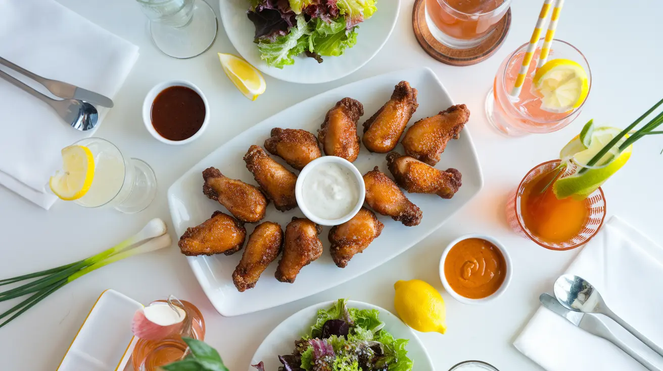 Crispy chicken wings with dipping sauces and fresh salads on a dining table