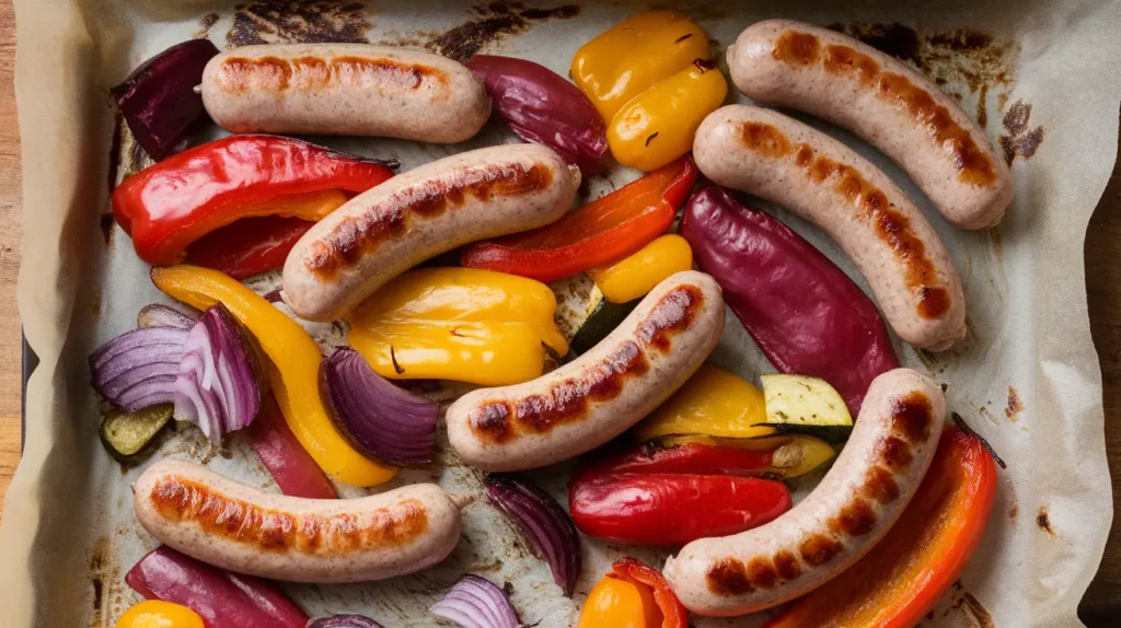  Oven-baked Jimmy Dean sausage links with roasted bell peppers and onions.