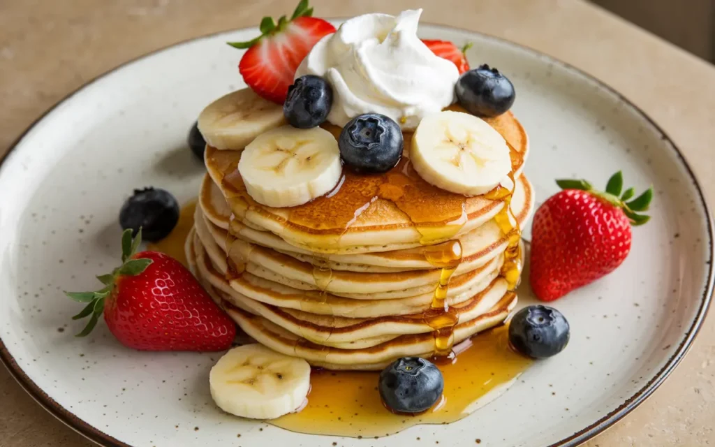 Banana pancakes topped with fruit and syrup, inspired by Kylie Jenner's recipe