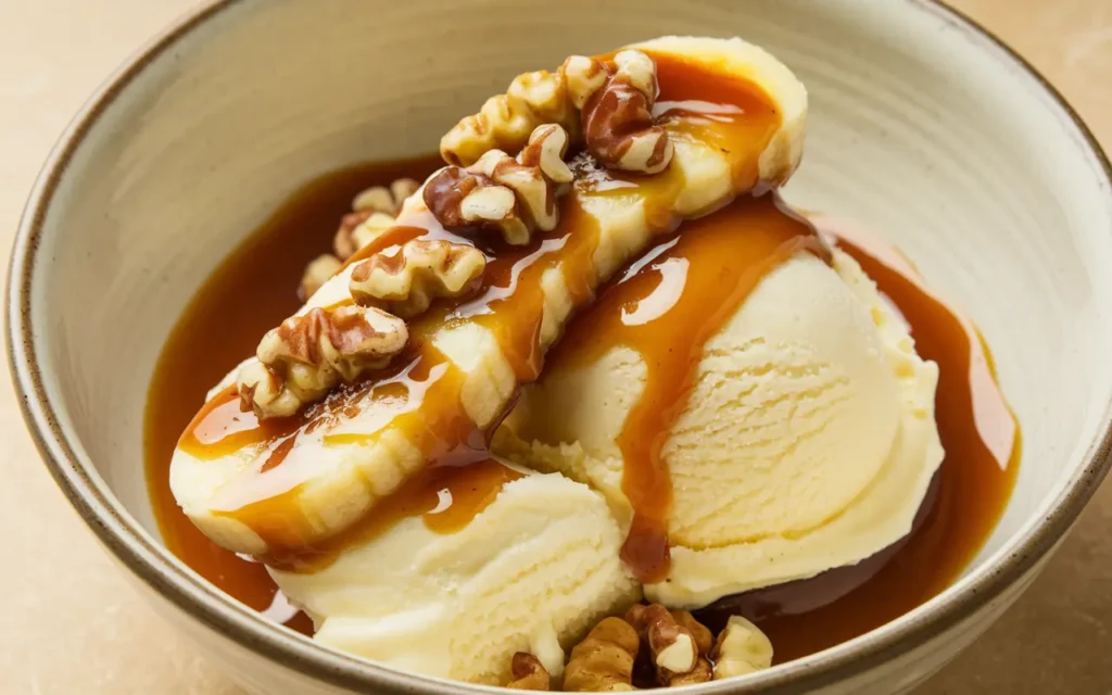 Bananas Foster served with vanilla ice cream and caramel sauce.