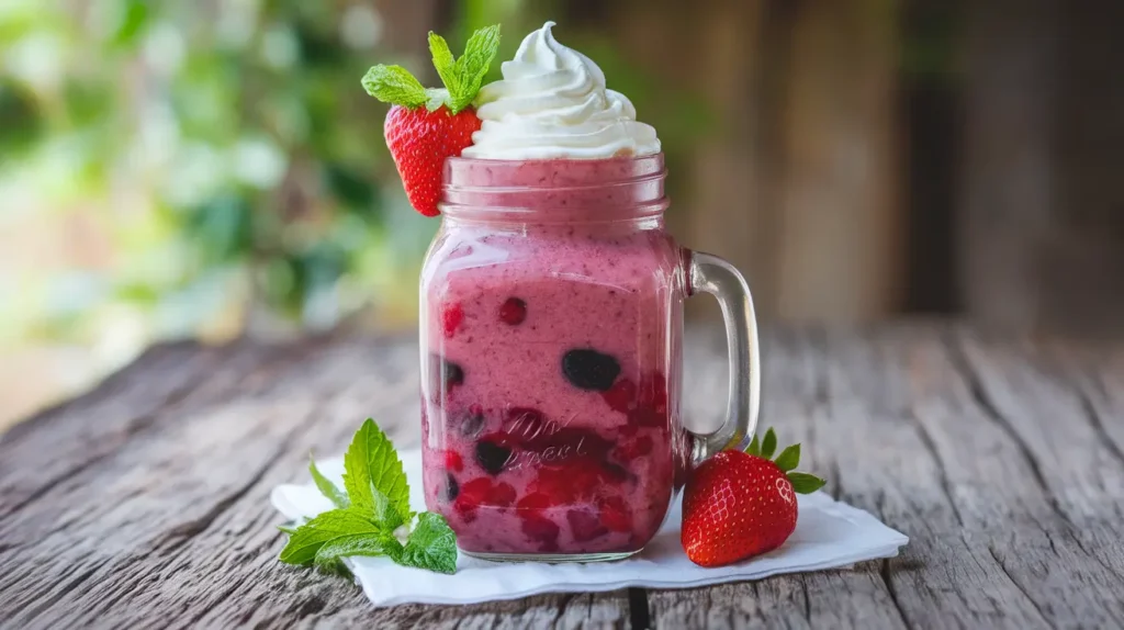 A berry smoothie topped with whipped cream and garnished with a strawberry and mint leaf.