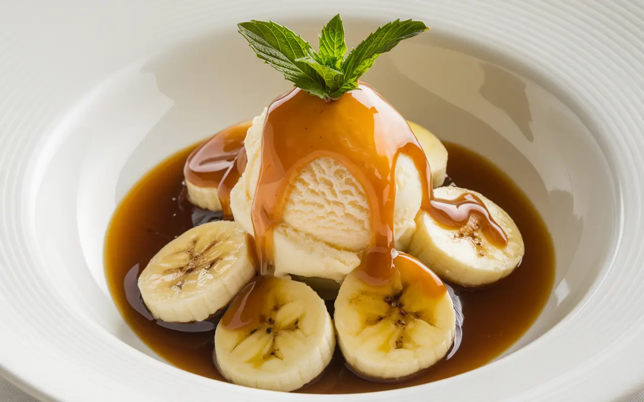 A close-up of Bananas Foster served with caramelized bananas and vanilla ice cream