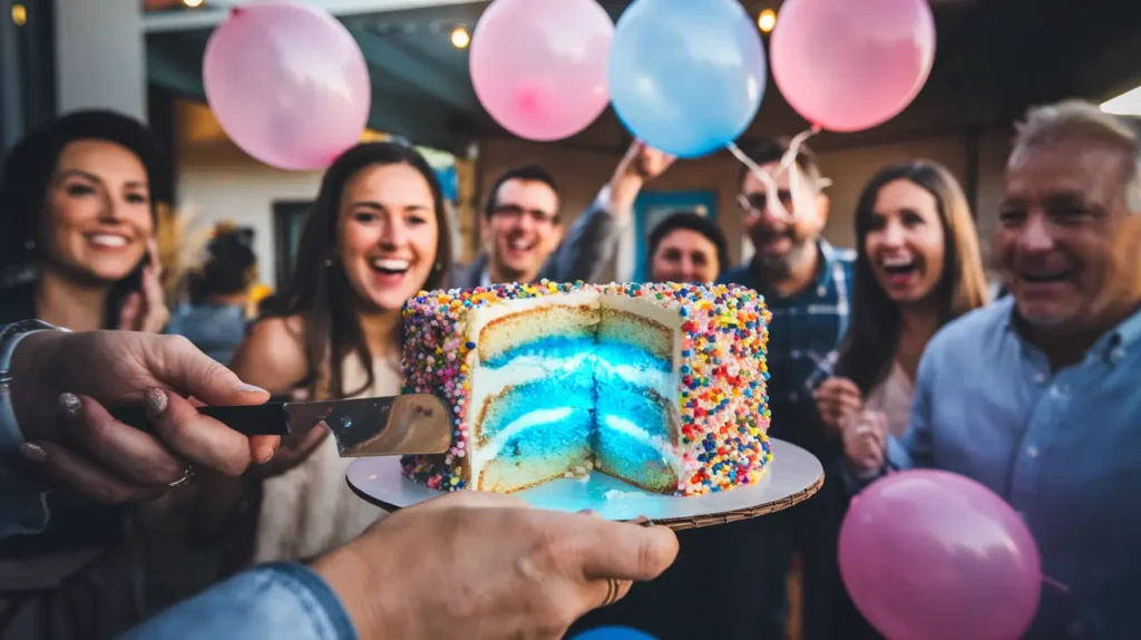 Gender reveal cake being sliced to reveal blue filling, surrounded by cheering family and friends.