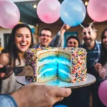 Gender reveal cake being sliced to reveal blue filling, surrounded by cheering family and friends.