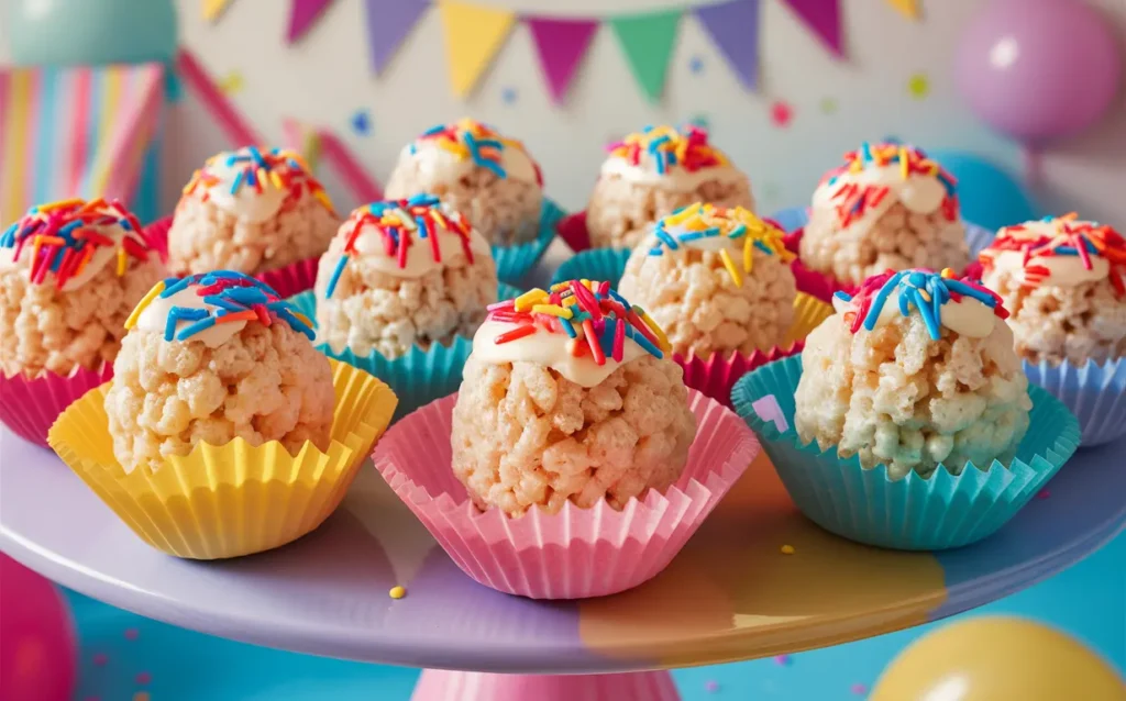 Mini Rice Krispie Treats in colorful liners for a party.