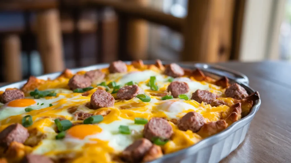 Breakfast casserole with Jimmy Dean sausage crumbles, eggs, and cheese, served in a baking dish.