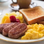 A wholesome breakfast plate featuring Jimmy Dean breakfast sausage patties, fluffy scrambled eggs, crispy toast, and a side of fresh fruit.