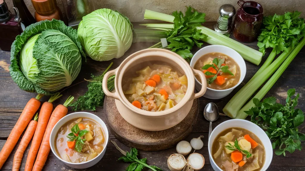 A wholesome spread featuring a pot of cabbage soup, fresh vegetables, and bowls of soup, styled on a wooden table.