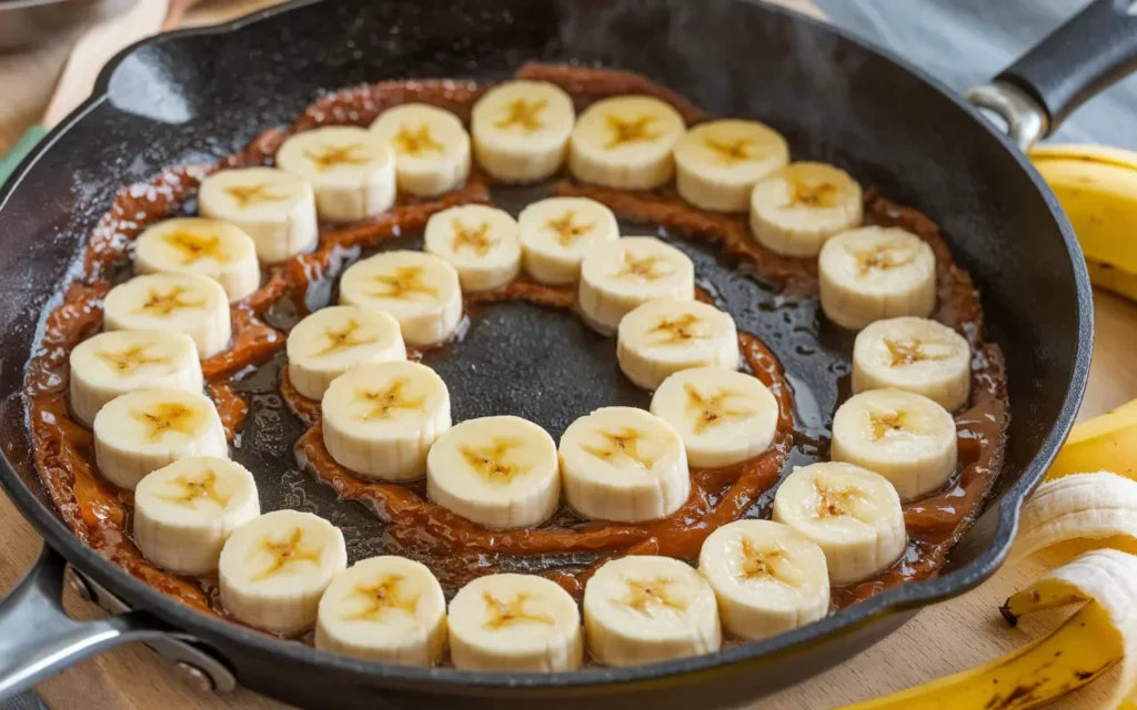 Caramelized bananas cooking in a skillet for Bananas Foster.