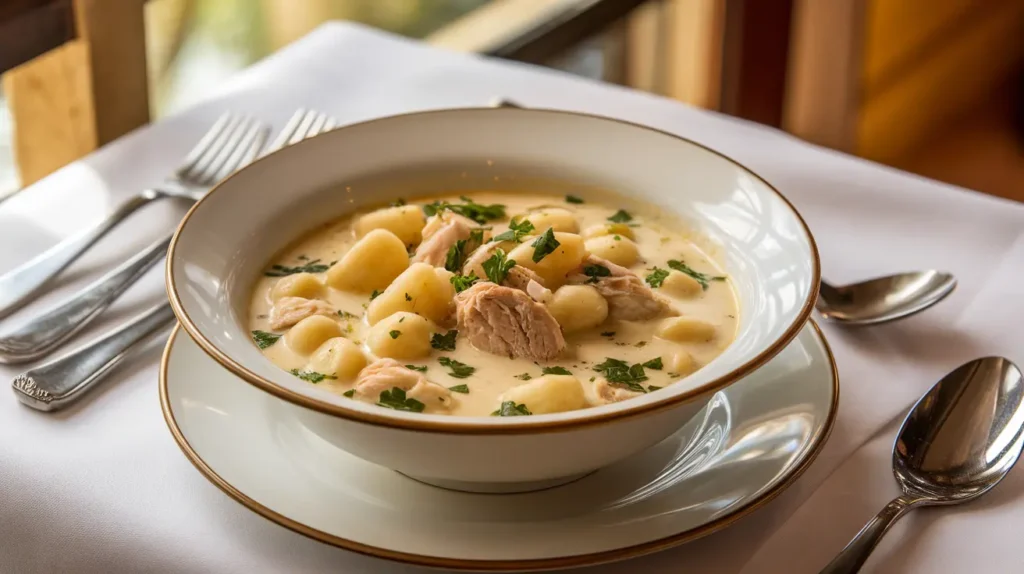 A creamy bowl of Chicken Gnocchi soup with gnocchi and chicken, garnished with parsley.