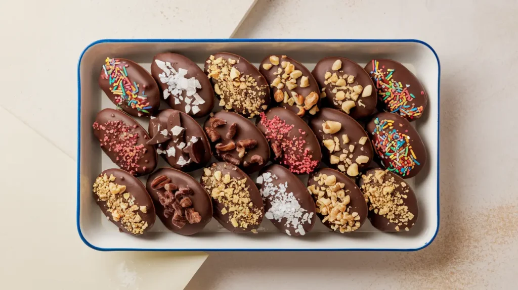 Chocolate covered potato chips with sprinkles and nuts on a white serving tray.