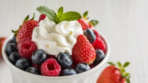 Classic berries and cream dessert with fresh berries and whipped cream in a white bowl.