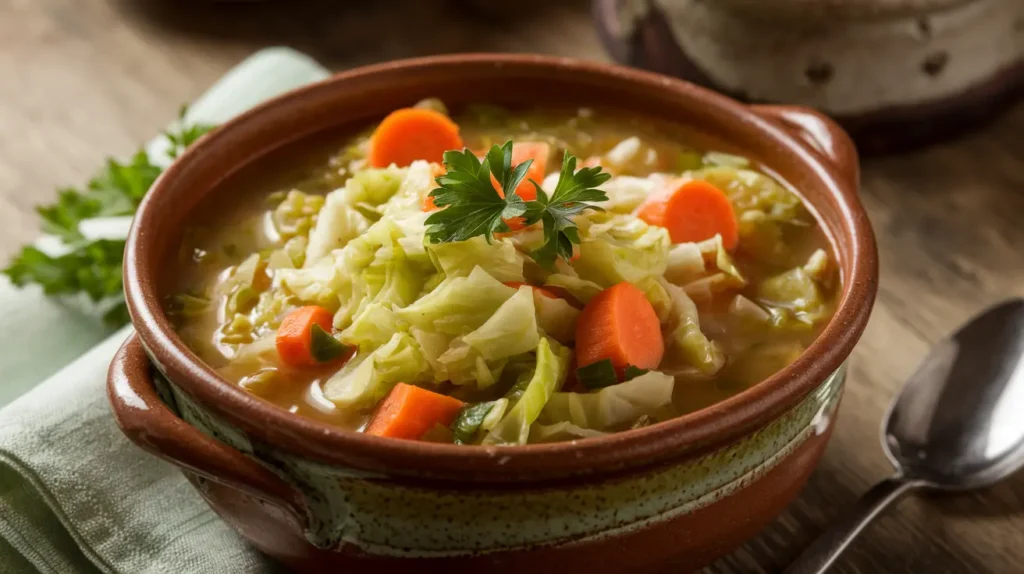 A rustic ceramic bowl of classic cabbage soup with vibrant vegetables, garnished with fresh parsley, placed on a wooden table.