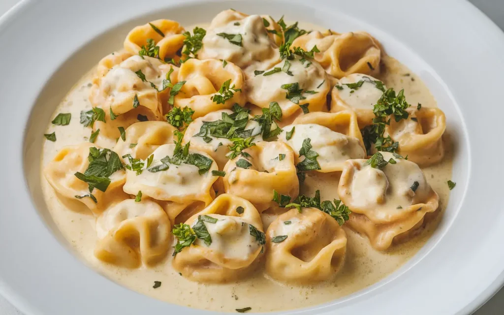 A bowl of creamy chicken tortellini Alfredo garnished with fresh parsley.