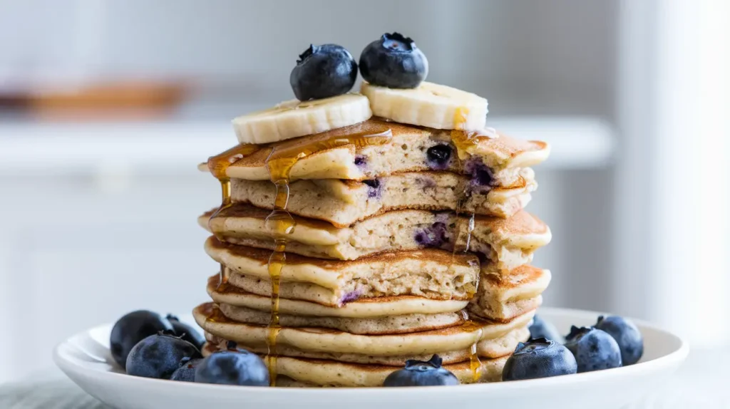 A stack of golden protein pancakes topped with fresh blueberries, banana slices, and maple syrup.