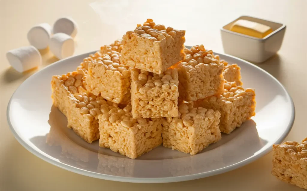 Classic Rice Krispie Treats squares on a white plate with marshmallows and butter