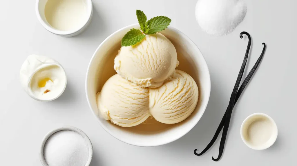 Vanilla ice cream made with the Ninja Creami, garnished with mint.