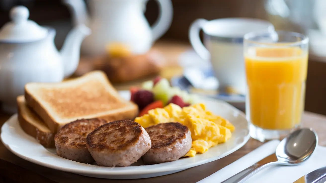 Jimmy Dean breakfast sausage patties served with scrambled eggs, toast, and fruit for a complete meal.