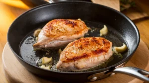 Chicken breasts cooking in a skillet with melted butter and garlic.