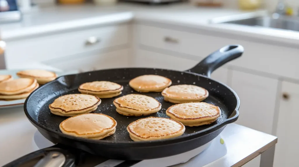 Mini pancakes cooking on a skillet with golden edges and surface bubbles