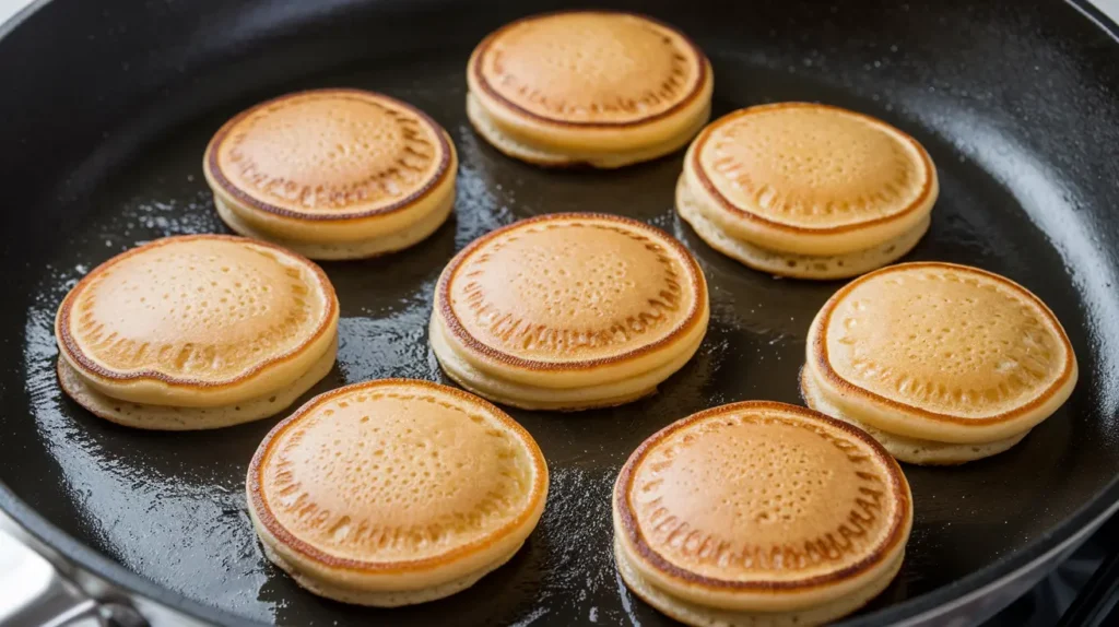 Mini pancakes cooking on a non-stick skillet with golden edges.