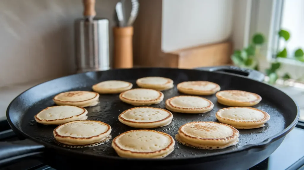 Mini pancakes cooking on a non-stick skillet with golden edges and bubbles."
Title: "Cooking Perfect Mini Pancakes