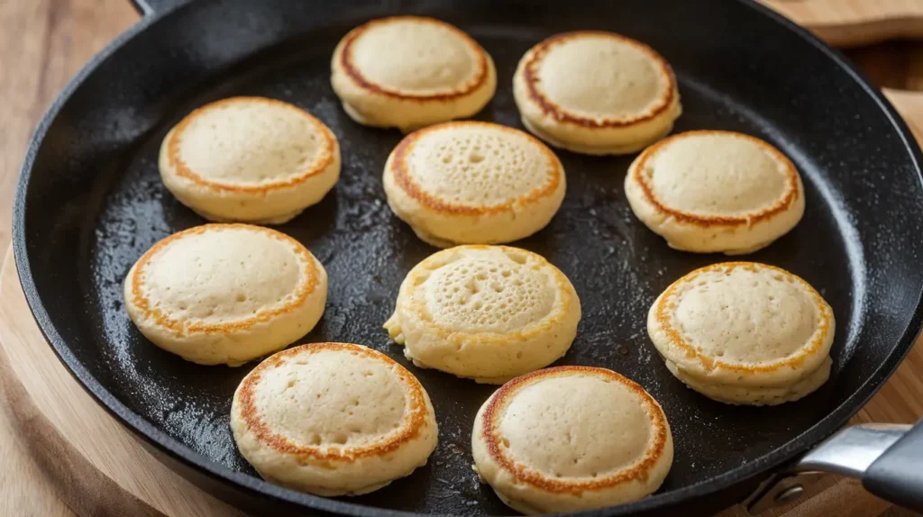 Mini pancakes cooking on a skillet with golden edges and bubbles.