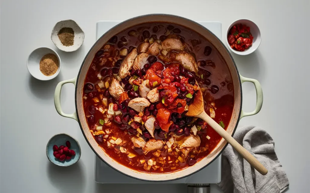 Turkey Cranberry Chili being cooked in a large pot with turkey, cranberries, beans, and spices being stirred.