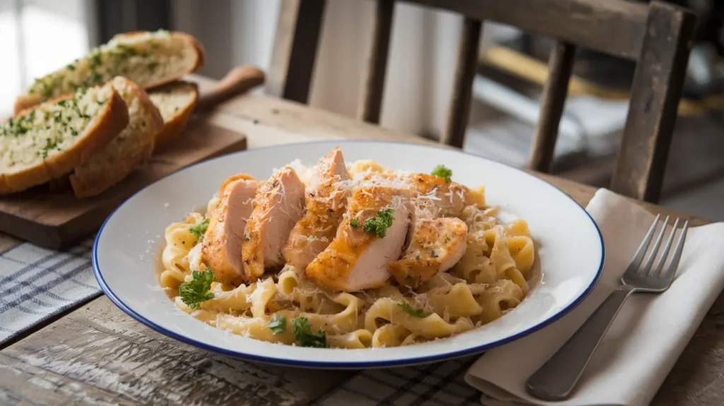 A steaming bowl of creamy garlic parmesan chicken pasta, garnished with fresh parsley and extra parmesan, ready to be enjoyed.