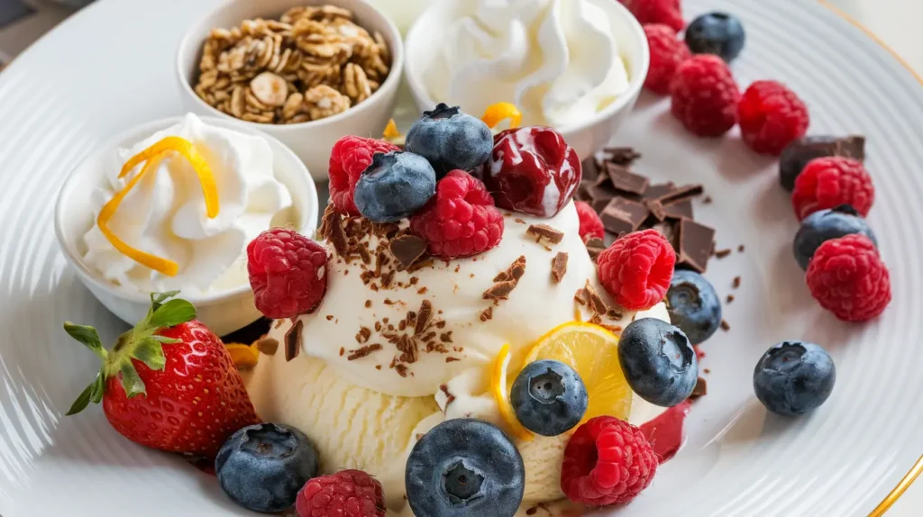  A plate showcasing creative berries and cream variations with granola, chocolate shavings, and citrus zest.