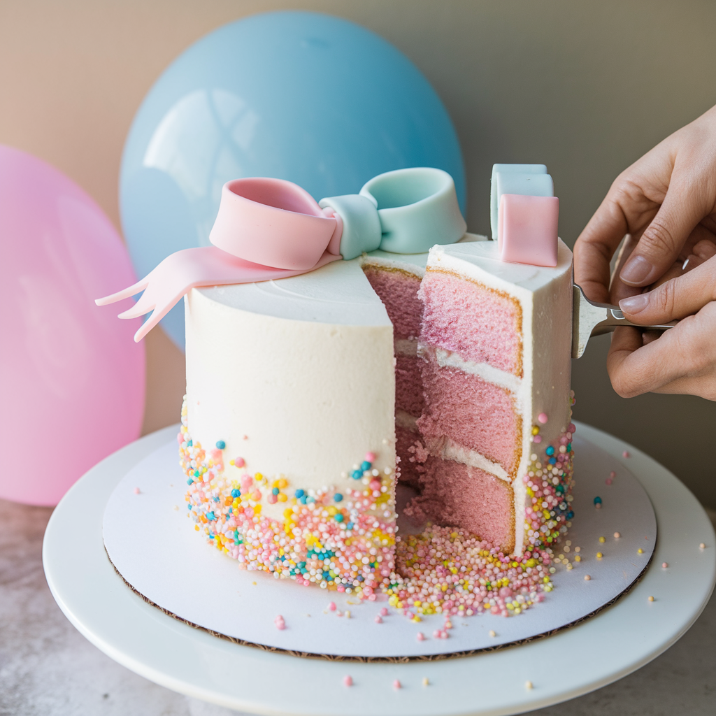 A sprinkle spill-out cake creates an exciting and colorful gender reveal moment.

Title: Creative Gender Reveal Cake Design