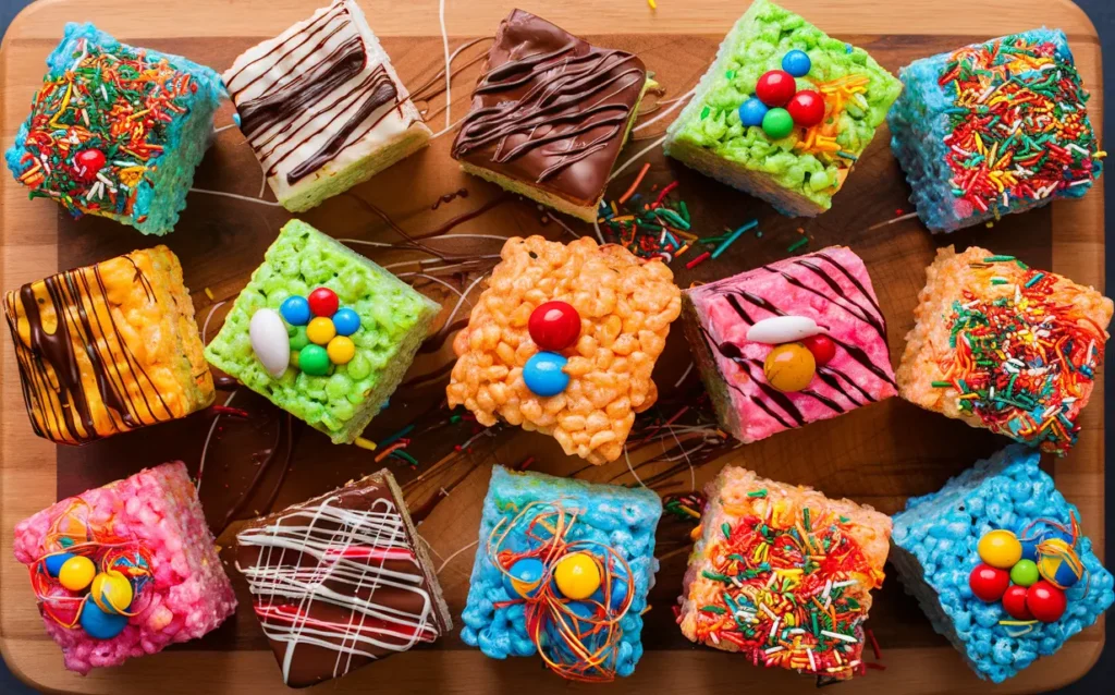 Creative variations of Rice Krispie Treats with colorful toppings and decorations.