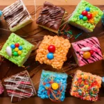 Creative variations of Rice Krispie Treats with colorful toppings and decorations.