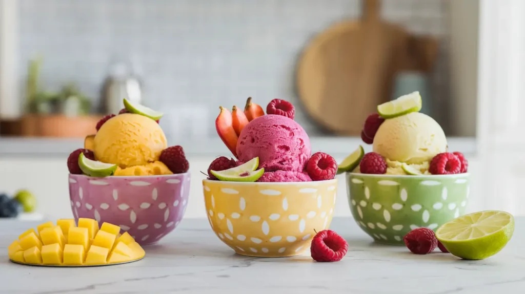 Trio of mango, raspberry, and lime sorbets made with the Ninja Creami.