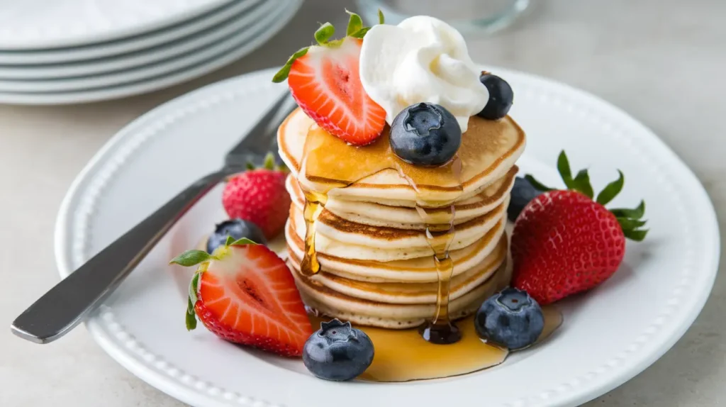 Mini pancakes topped with fresh strawberries, blueberries, syrup, and whipped cream