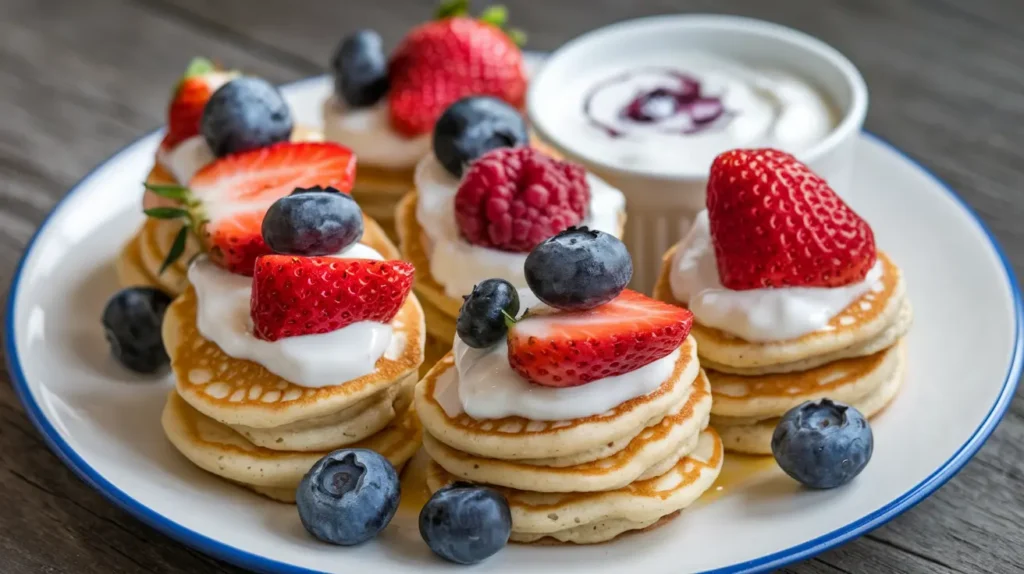 Mini pancake bites made from reheated Premier Protein pancakes, paired with fresh fruit and yogurt for dipping.