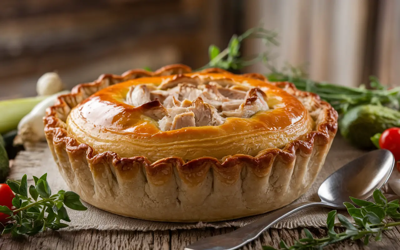 Golden chicken pot pie with a flaky crust, showcasing how to fix soggy pie crust.