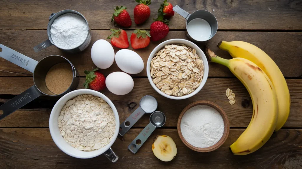 Ingredients for protein pancakes laid out on a wooden table, including protein powder, oats, eggs, and fresh fruits.