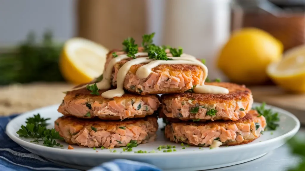 A top-down view of a chef shaping salmon cakes by hand on a rustic wooden cutting board. The table is adorned with fresh ingredients like salmon, breadcrumbs, chopped herbs, and lemon slices. Natural daylight illuminates the scene, emphasizing the textures of the fresh ingredients.