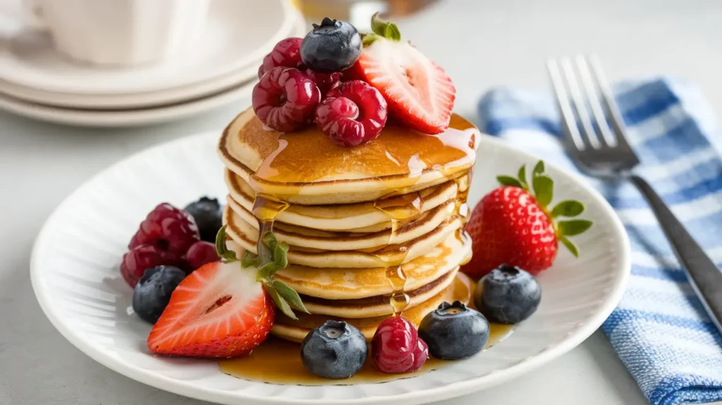 Mini pancakes with fresh strawberries, blueberries, and syrup on a white plate.