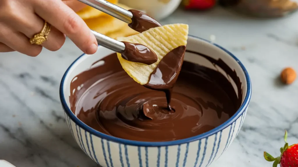 A ridged potato chip being dipped into melted chocolate with tongs.