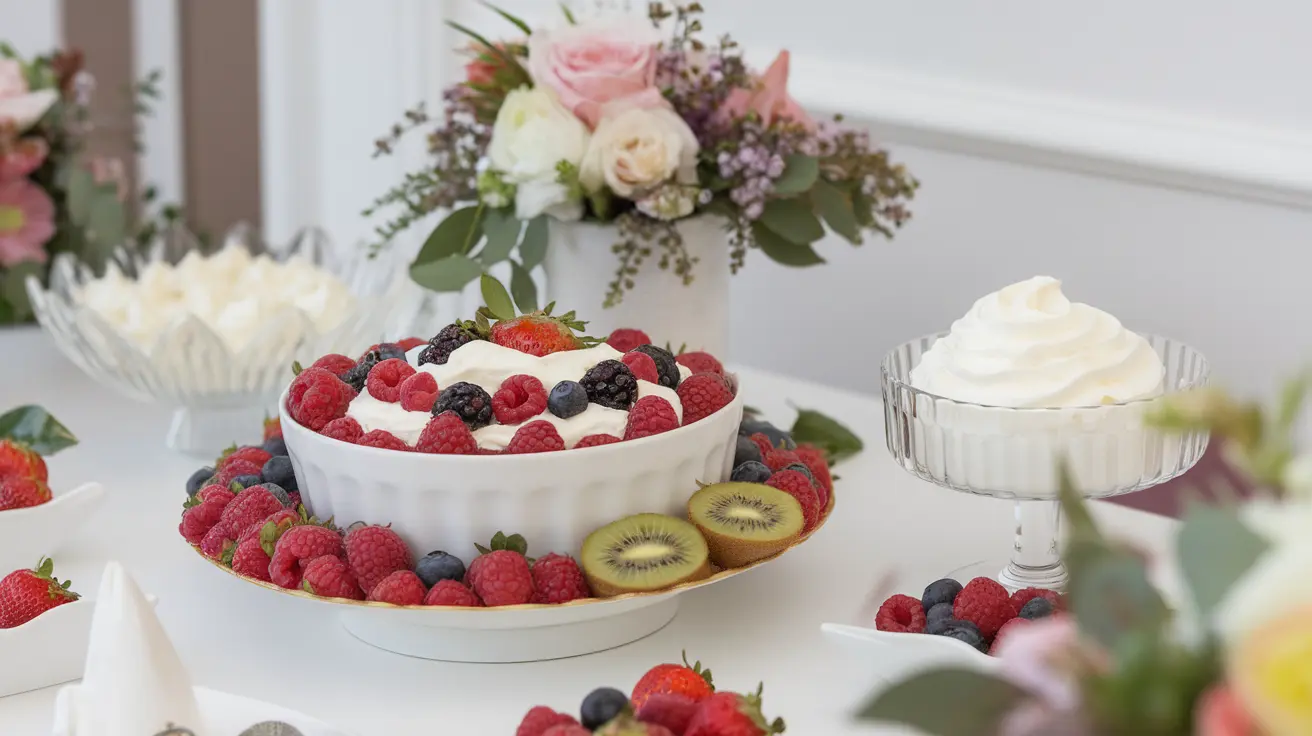 A dessert table with a centerpiece of berries and cream, fresh fruits, and decorative flowers.