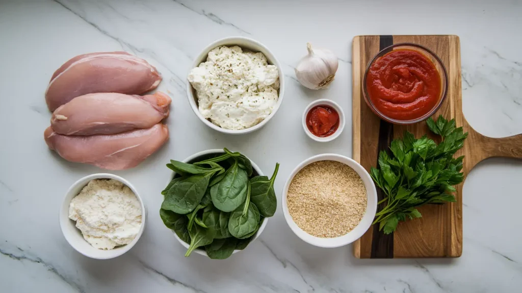 Flat-lay of fresh ingredients for chicken rollatini, including chicken, cheese, spinach, breadcrumbs, and marinara sauce.