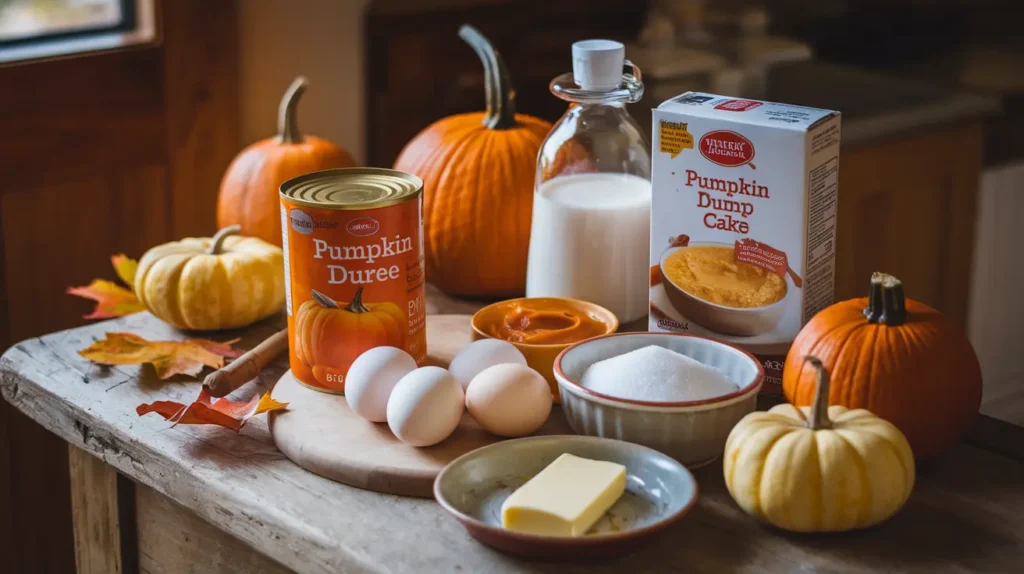 Ingredients for pumpkin dump cake recipe on a rustic table.