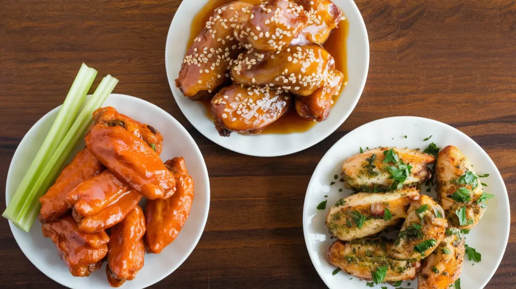 Three plates of air fryer chicken wings with buffalo, honey-glazed, and garlic parmesan flavors.