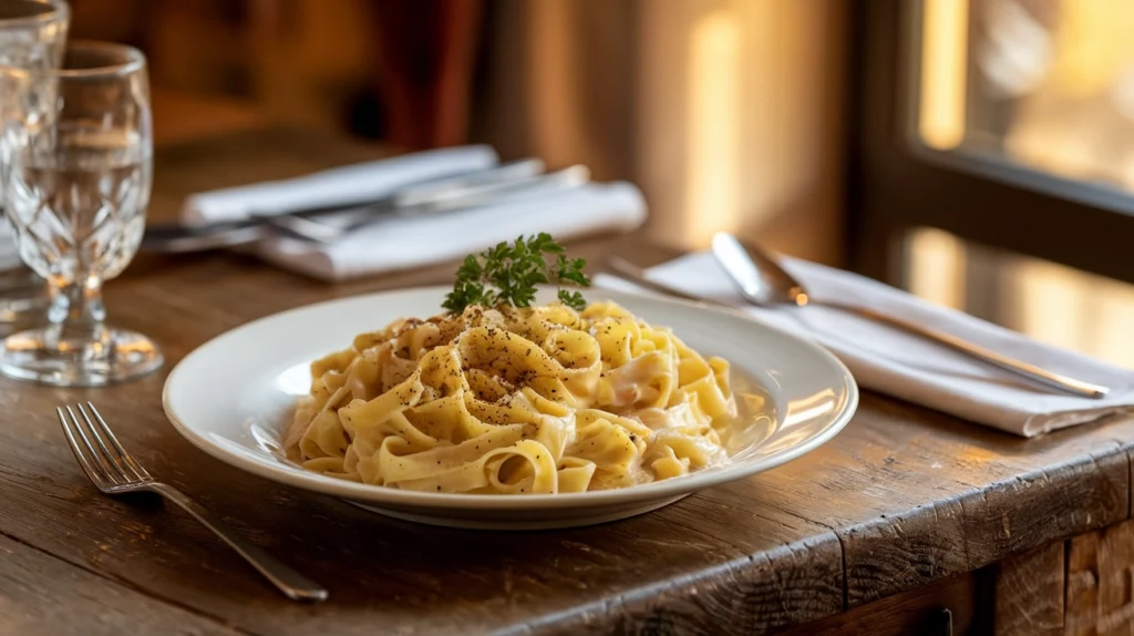 A rustic plate of fettuccine carbonara with creamy sauce, parsley, and black pepper on a wooden table.