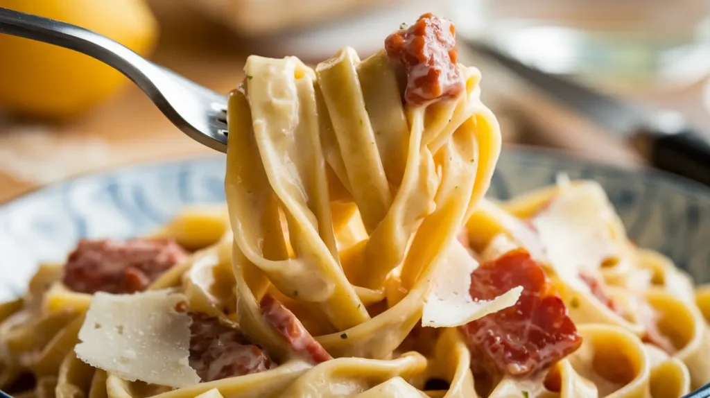 Close-up of fettuccine carbonara on a fork with creamy sauce and pancetta.