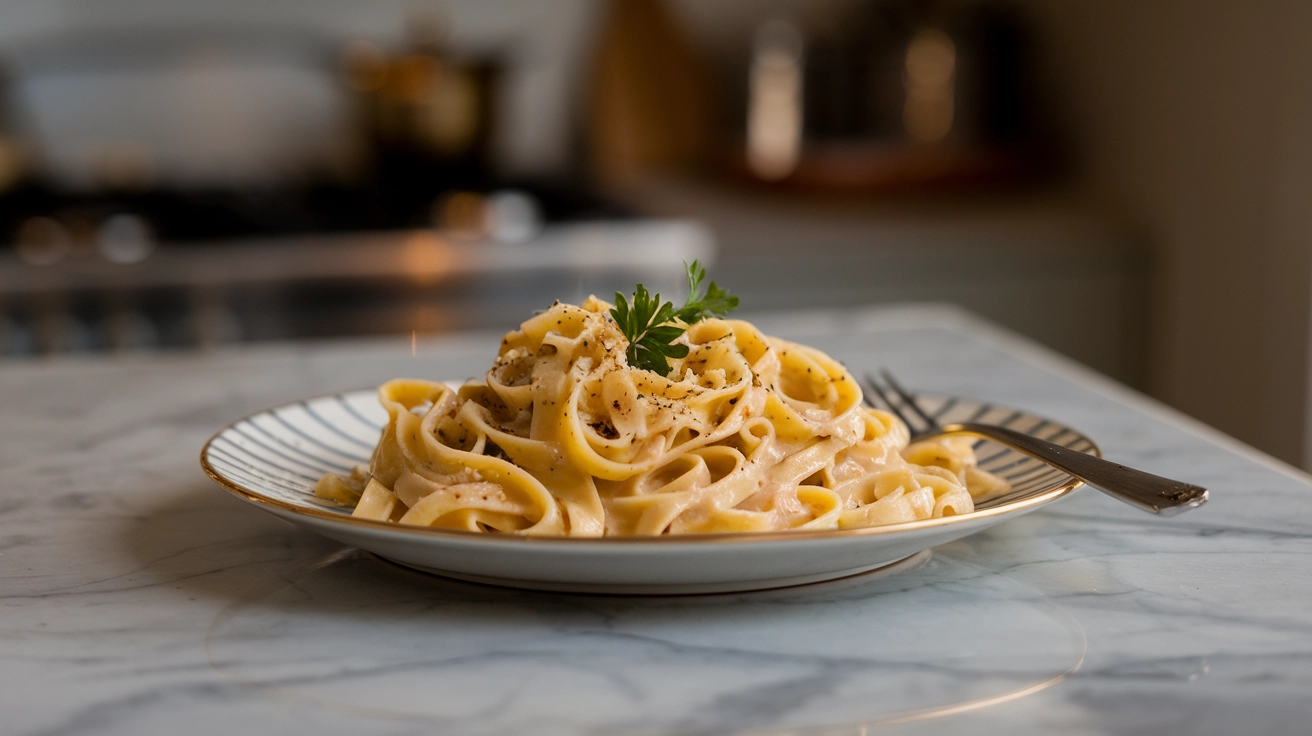 Elegant plate of fettuccine carbonara on a marble surface with parsley garnish.