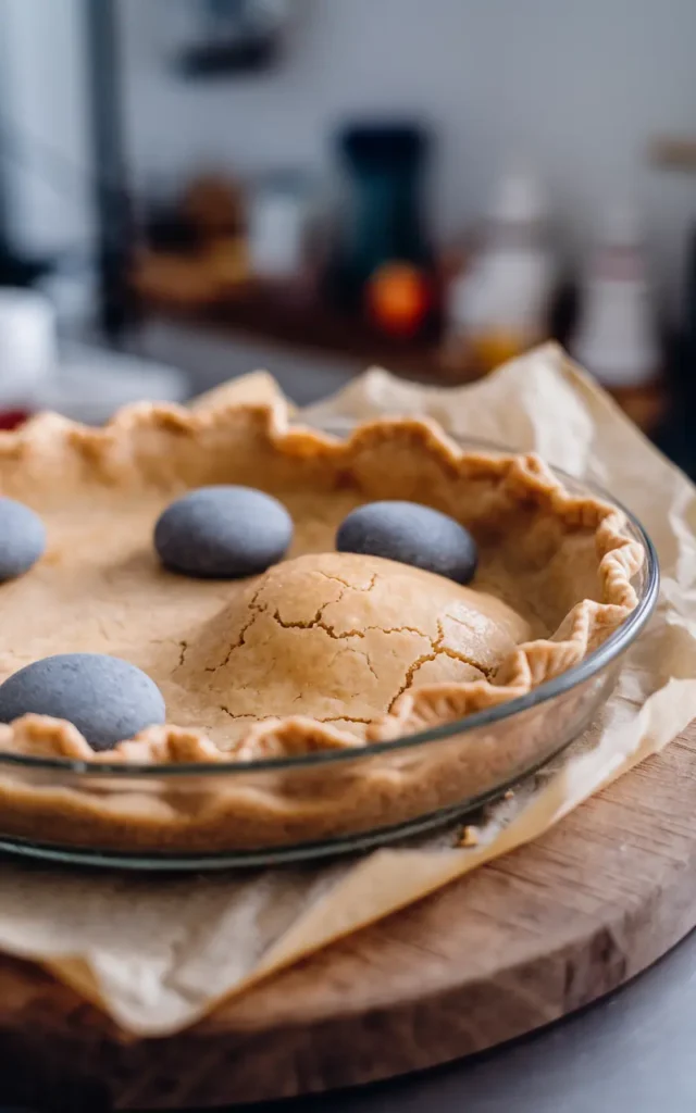 Blind baking a pie crust with parchment paper and pie weights to fix soggy pie crust.