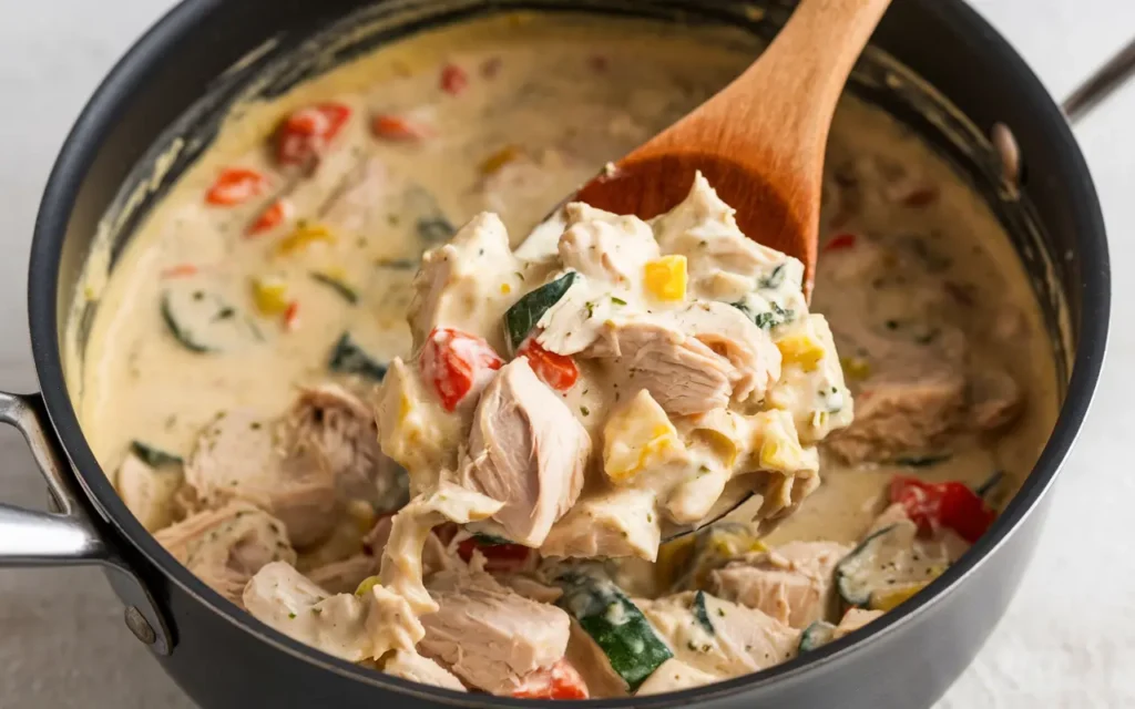 Thickened chicken pot pie filling being stirred to fix soggy pie crust.